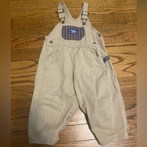 OshKosh Baby B'Gosh Vintage Boys Khaki Bib Overalls Blue Plaid Pockets 18 Months